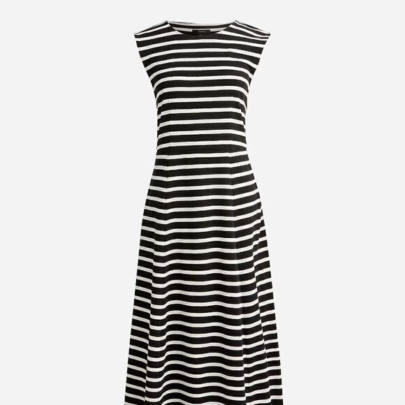 EUC Women's J.Crew Fit & Flare Cap Sleeve Black White Stripe Midi Dress Size XS - Picture 2 of 4